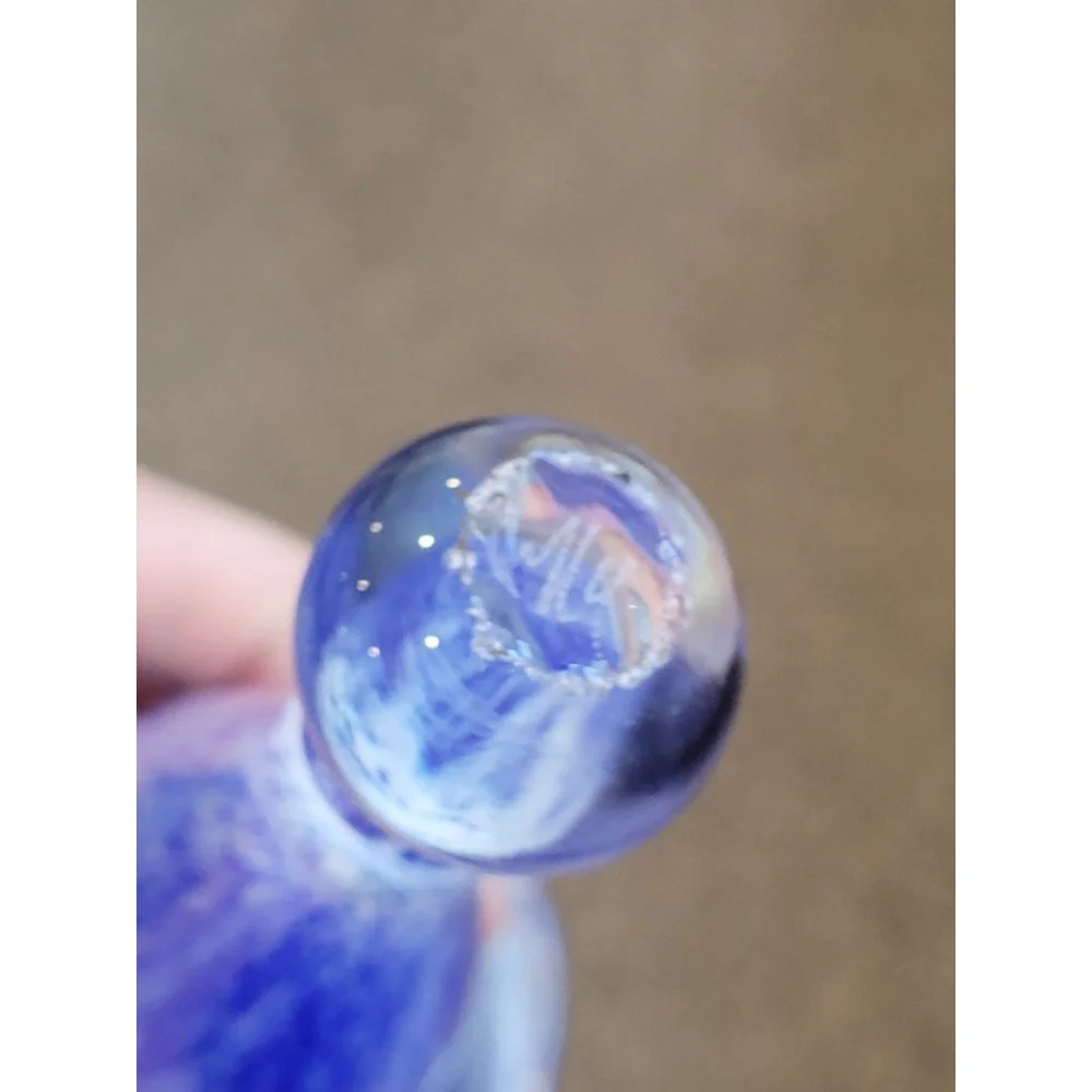 Signed Studio Art Glass Cobalt Blue Trumpet Vase White Splatter 9in